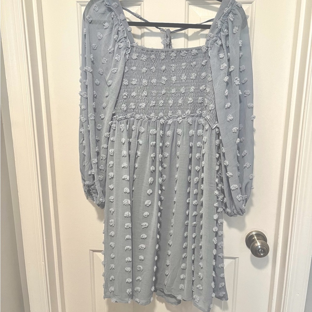 Pinkblush Light Blue Textured Swiss Dot Smocked Babydoll Dress